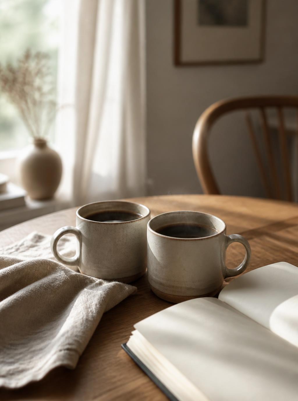 Two mugs of coffee on a wooden table in soft morning light